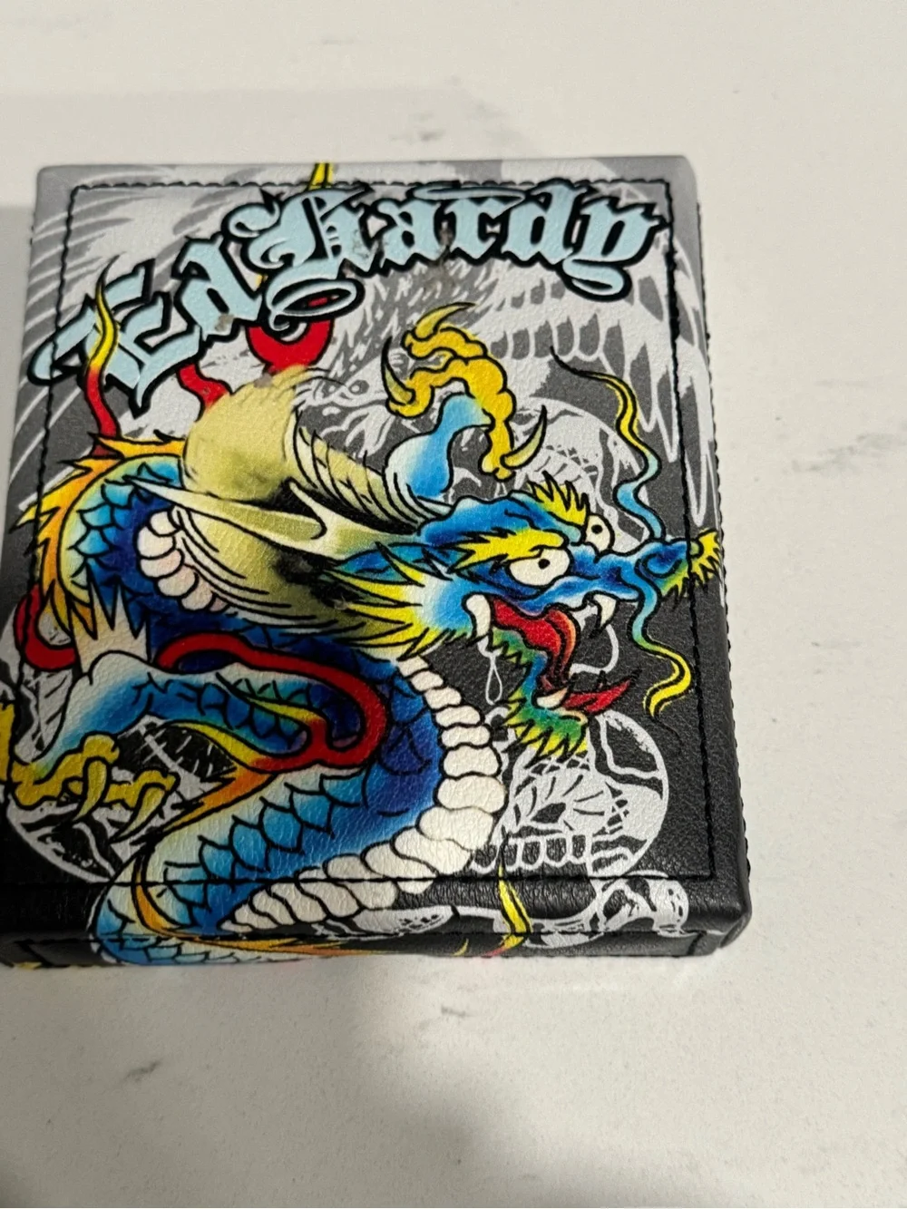 Ed Hardy Black Leather Wallet with Multicolor Dragon Art